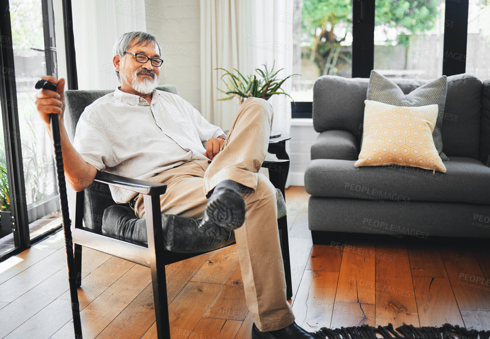 Buy stock photo Home, relax and thinking with senior man, walking stick and retirement with ideas, memory and remember. Elderly person, mature guy and pensioner with a cane, calm and peace with nostalgia and peace