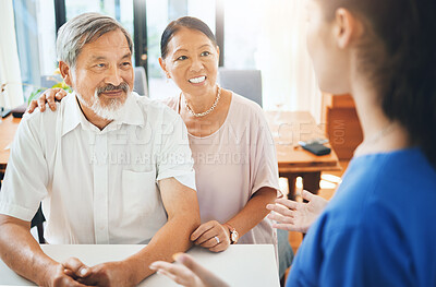 Buy stock photo Happy, senior couple and consultation with doctor in office for rehabilitation, results and update on health care. Nurse, talking and elderly patient listen to news for medical wellness or advice