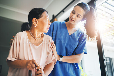 Buy stock photo Walking stick, senior woman and doctor for home support, helping and kindness with retirement or nursing service. Medical student, nurse or caregiver and elderly patient with disability in healthcare