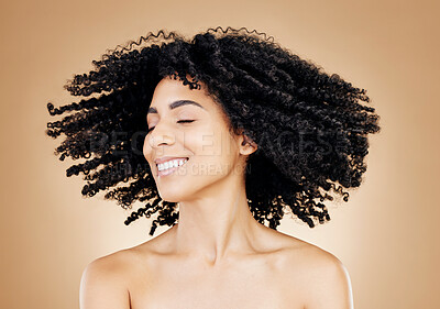 Buy stock photo Woman, curly or hair shake in afro fun on studio background for healthy hairstyle growth, texture or frizz treatment success. African beauty model, energy or change by shampoo transformation results