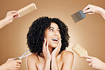 Hair care, scissor and portrait of woman in studio with curly, natural and salon treatment. Smile, beauty and model from Mexico with brush and comb for healthy hairstyle isolated by brown background.