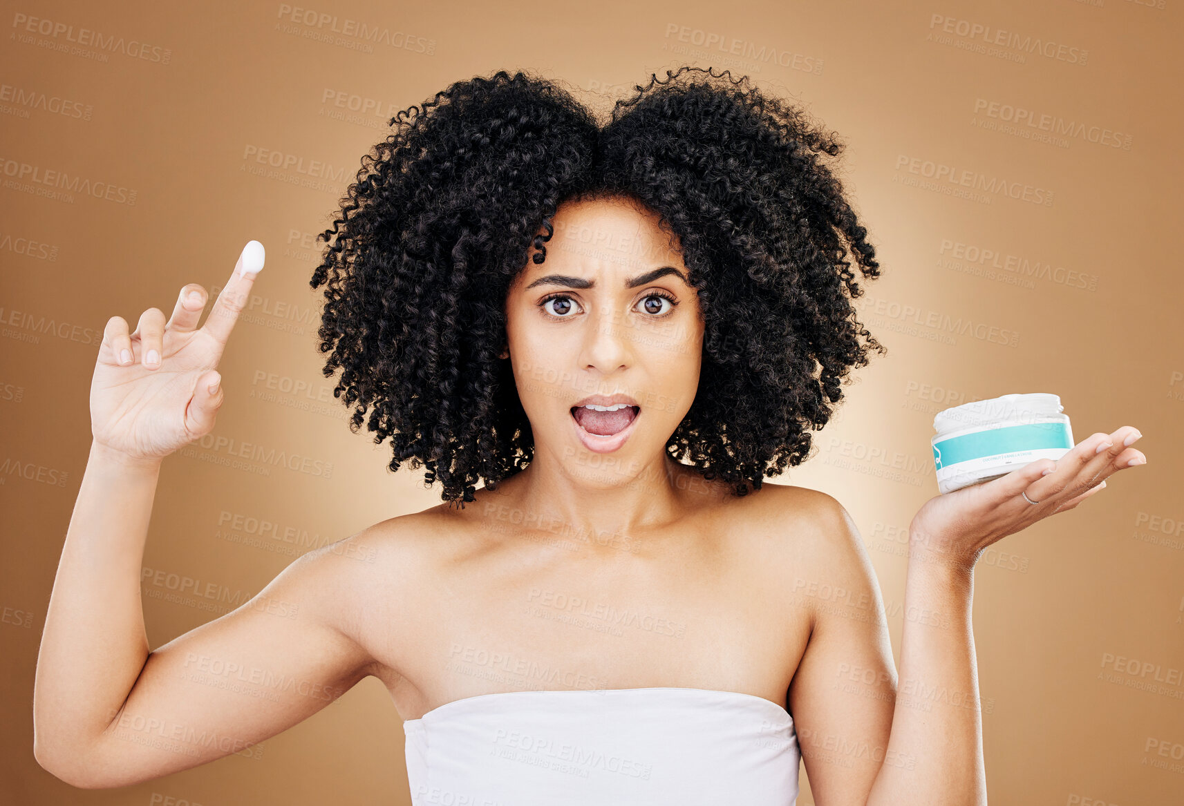 Buy stock photo Skincare, portrait and woman shocked with cream treatment, beauty results or facial problem, crisis or risk. Skin acne breakout, lotion and studio model reaction to bad cosmetics on brown background