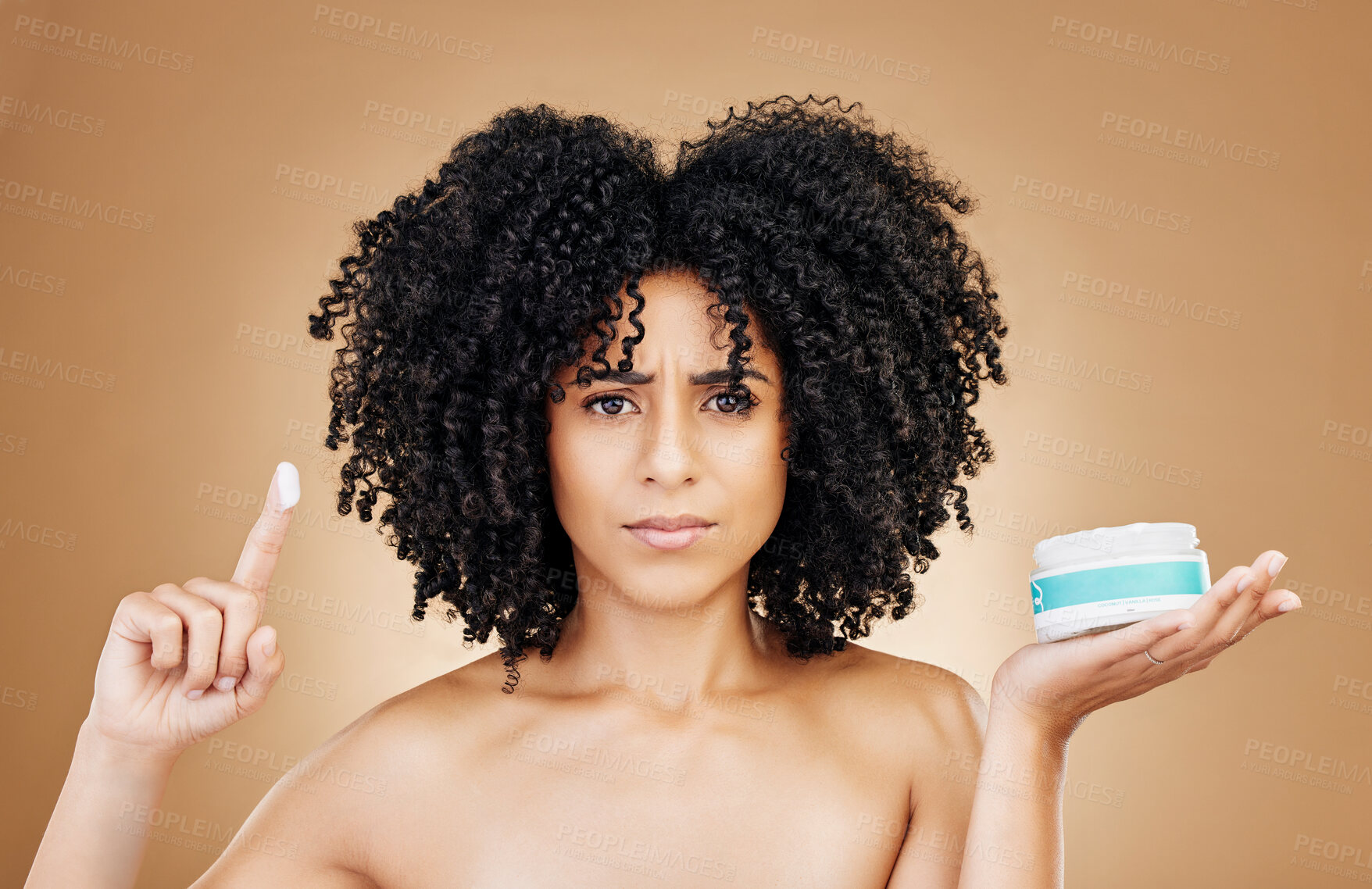 Buy stock photo Skincare problem, portrait or woman with cream container, beauty results or facial melasma risk, stress or allergic reaction. Skin crisis, lotion or studio model with bad cosmetic on brown background