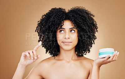 Buy stock photo Skincare face, think and woman with cream container, beauty routine or brainstorming idea, treatment or detox plan. Cosmetic girl, acne lotion solution or studio hydration product on brown background