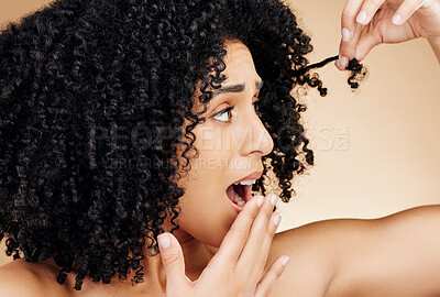 Buy stock photo Hair, shocked face and afro woman with problem, anxiety or worried about grooming crisis, studio beauty fail or damage. Shampoo disaster, broken dry strand and OMG treatment risk on brown background