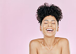 Happy, skincare and woman in studio for body care, self love  and dermatology results on pink background. Smile, beauty and female wellness model relax after cosmetic, treatment and pamper routine