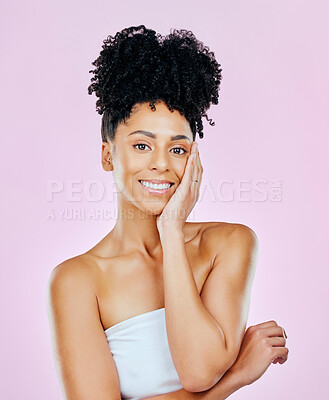 Buy stock photo Beauty, smile and portrait of woman in studio with hand touching glowing skin on pink background. Happy, face and female model satisfied with wellness, cosmetics and skincare, treatment or results