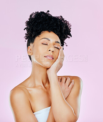 Buy stock photo Natural beauty, woman touching face and dermatology with clean skin, wellness and glow on pink background. Skincare, antiaging and cosmetics care, spa treatment and fresh with hygiene in studio