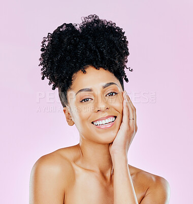 Buy stock photo Skincare, portrait and woman with natural beauty in studio for wellness, treatment or glow on pink background. Shine, smile and hands on face of female model with dermatology satisfaction or pamper