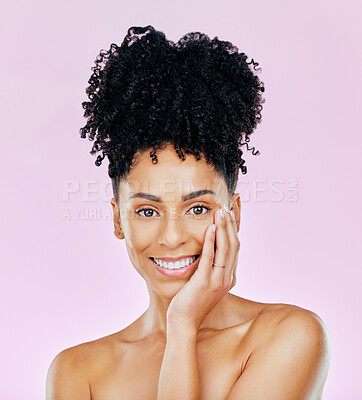 Buy stock photo Skincare, beauty and portrait of happy woman for cosmetic aesthetic isolated in a studio pink background for wellness. Face, natural an young person with dermatology facial treatment for smooth skin