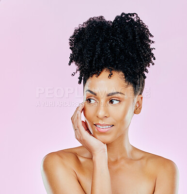 Buy stock photo Skincare, thinking and woman with beauty for cosmetic aesthetic isolated in studio pink background for wellness. Face, natural an young person with dermatology facial treatment for smooth skin