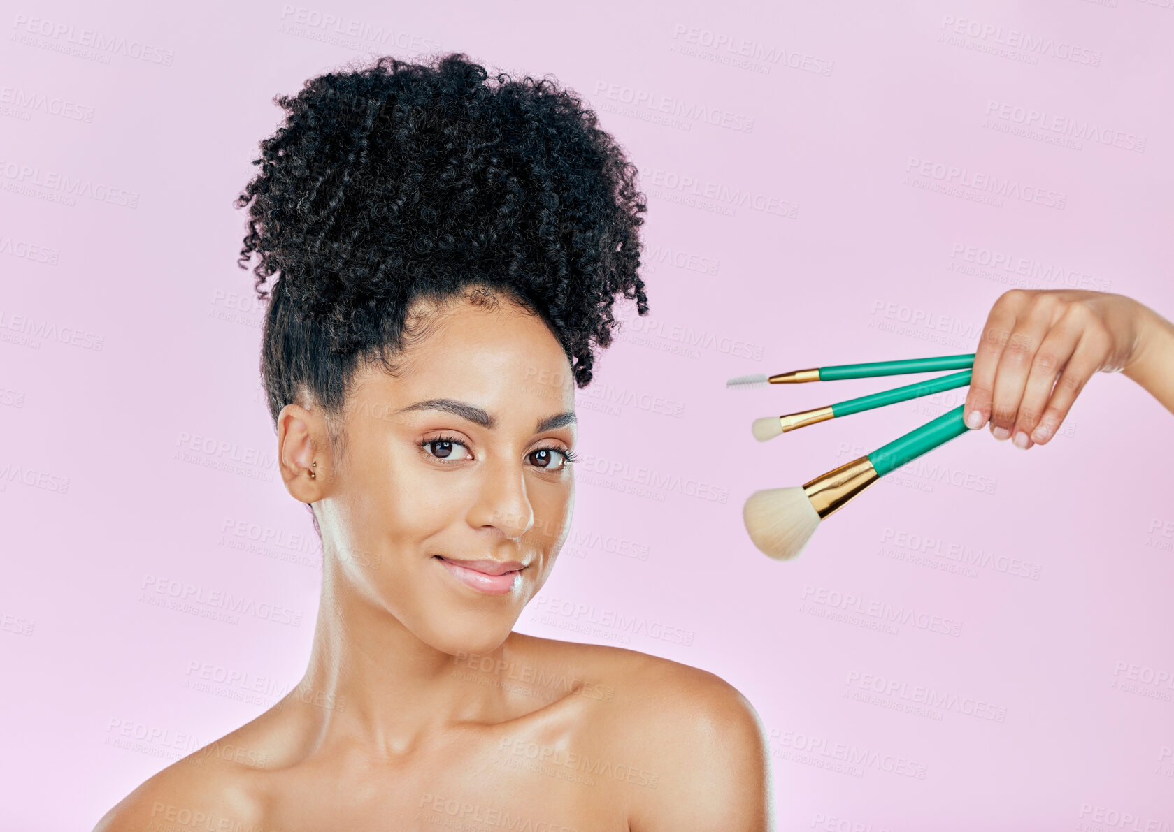 Buy stock photo Makeup brush, happy and studio portrait of woman with tools for skincare shine, foundation application or wellness treatment. Beauty face cosmetics, facial cosmetology and person on pink background