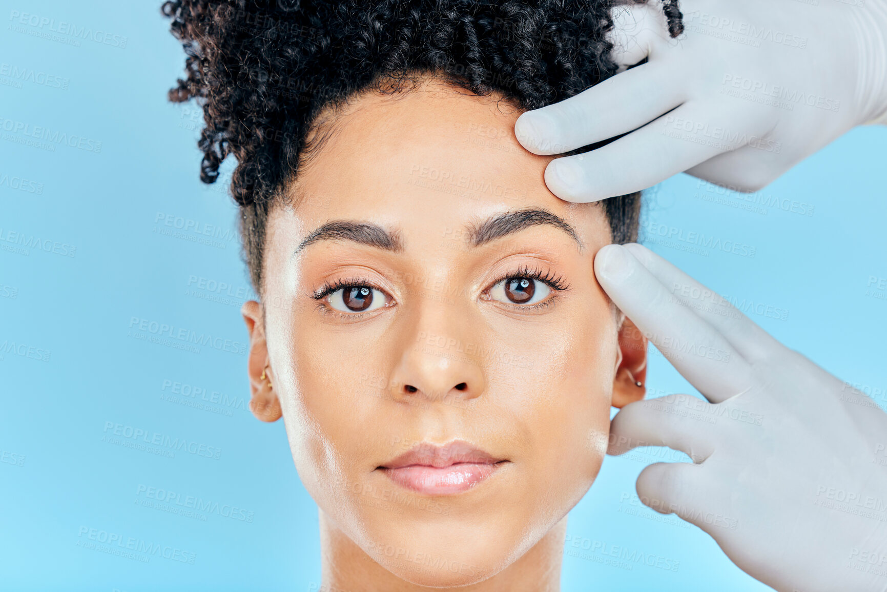 Buy stock photo Change, plastic surgery and portrait of woman with hands on face in studio for cosmetic facial consultation. Skincare, dermatology and professional collagen therapy, beauty model on blue background.