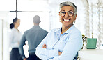 Glasses, arms crossed and store portrait of happy woman for visual wellness, ophthalmology or eyewear. Confident optician, eyeglasses or professional expert for lens frame, visual support or eye care