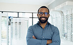 Eyeglasses, arms crossed and portrait of happy man, optician or ophthalmologist for vision help, healthcare or ophthalmology. Lens glasses, pride and professional African ophthalmologist for eye care