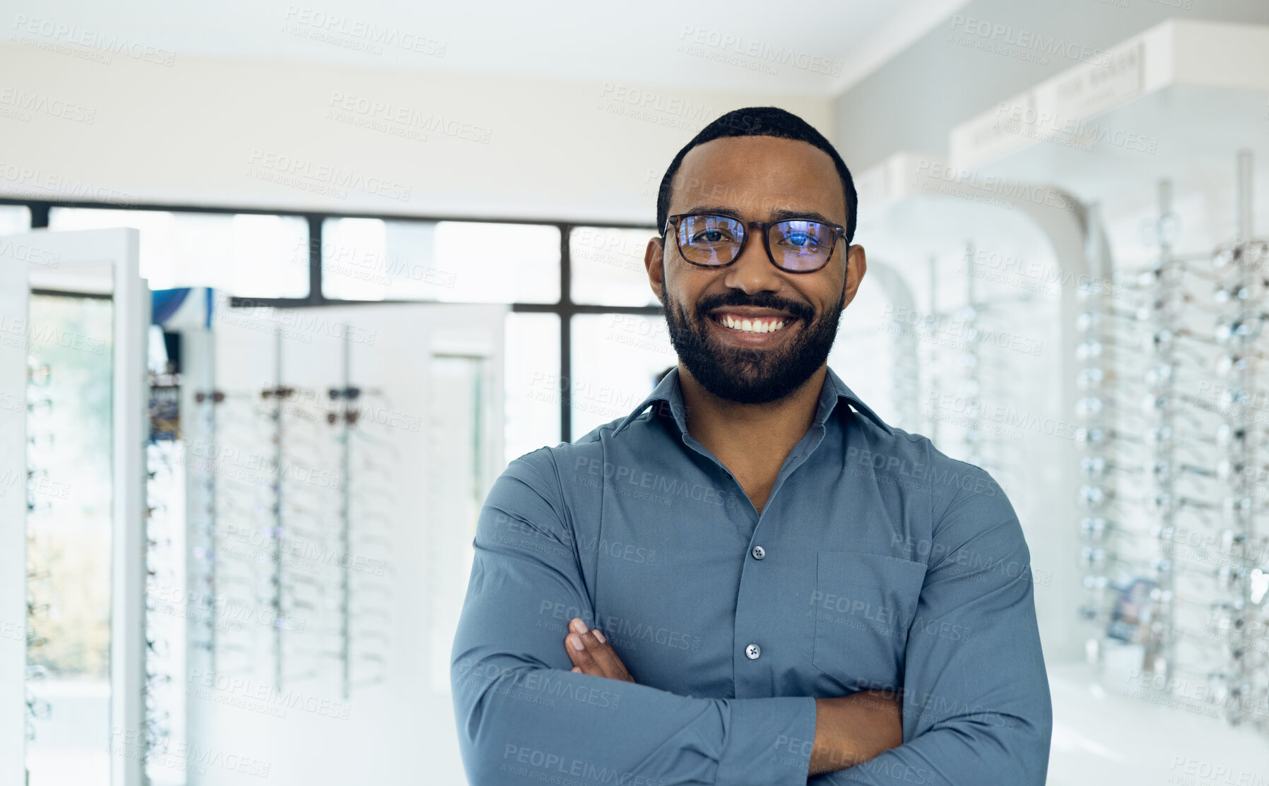 Buy stock photo Eyeglasses, arms crossed and portrait of happy man, optician or ophthalmologist for vision help, healthcare or ophthalmology. Lens glasses, pride and professional African ophthalmologist for eye care