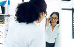 Optometry store, mirror or happy woman with glasses, lens frame or retail decision for eyewear, vision or ocular support. Reflection, eyewear option or shop client, customer and choice for eyeglasses