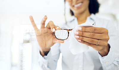 Buy stock photo Hands, woman is cleaning glasses with fabric and hygiene, vision and eye care with health and wellness. Eyewear, maintenance and wipe away dust with microfiber cloth, closeup and frame with lens