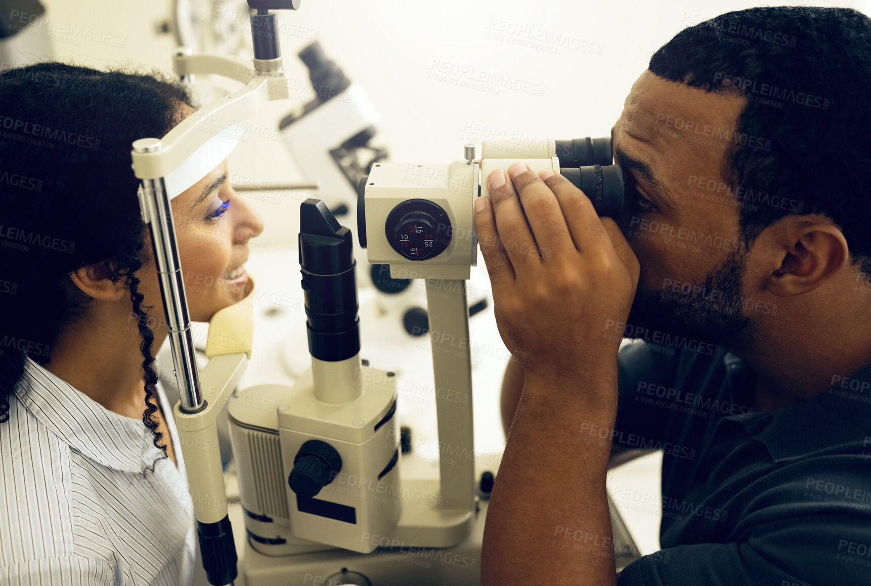 Buy stock photo Eye test, machine and a woman with a doctor for a service, vision problem and surgery on lens. Happy, clinic and a patient with a man or optometrist for a medical exam, retina health and check