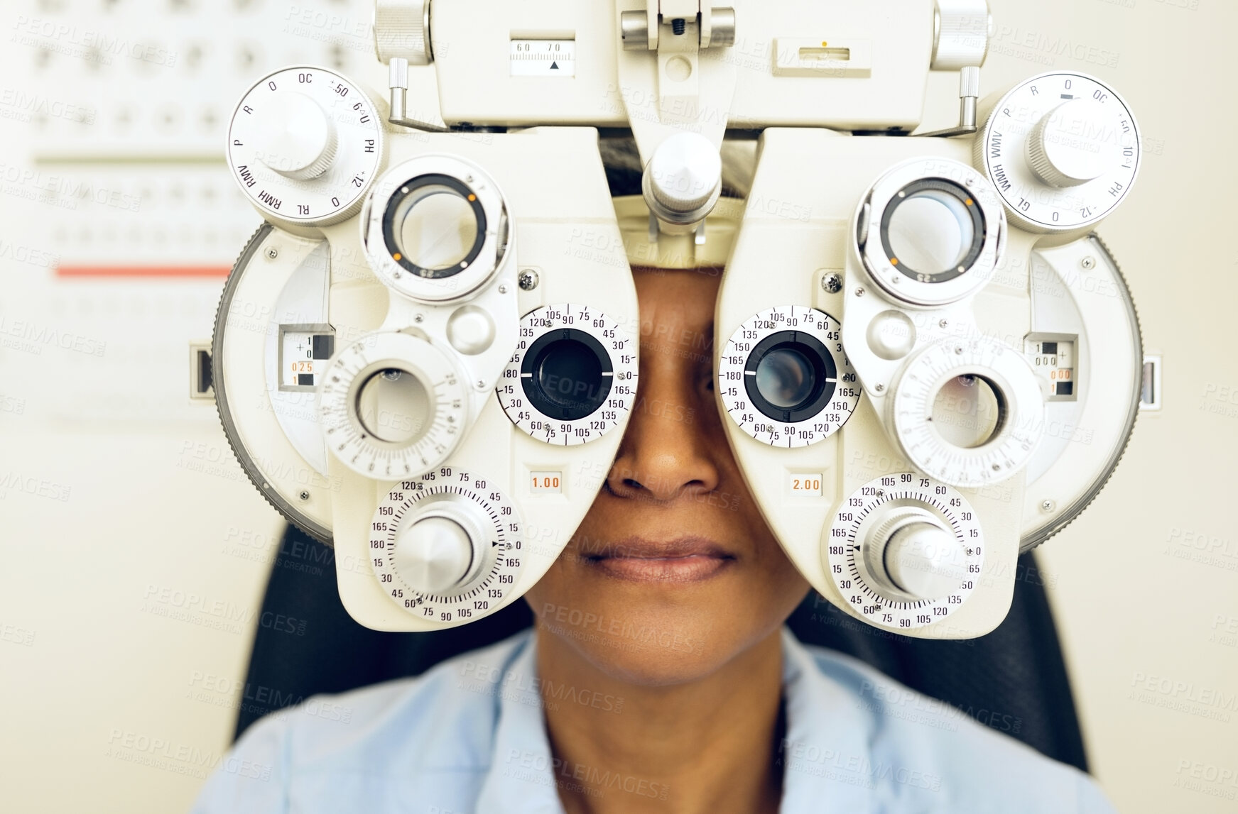 Buy stock photo Eye test, face or woman consulting to help eyesight at optometrist for a optical assessment. Optometry, wellness or customer in clinic for vision, iris or retina health with machine or phoropter