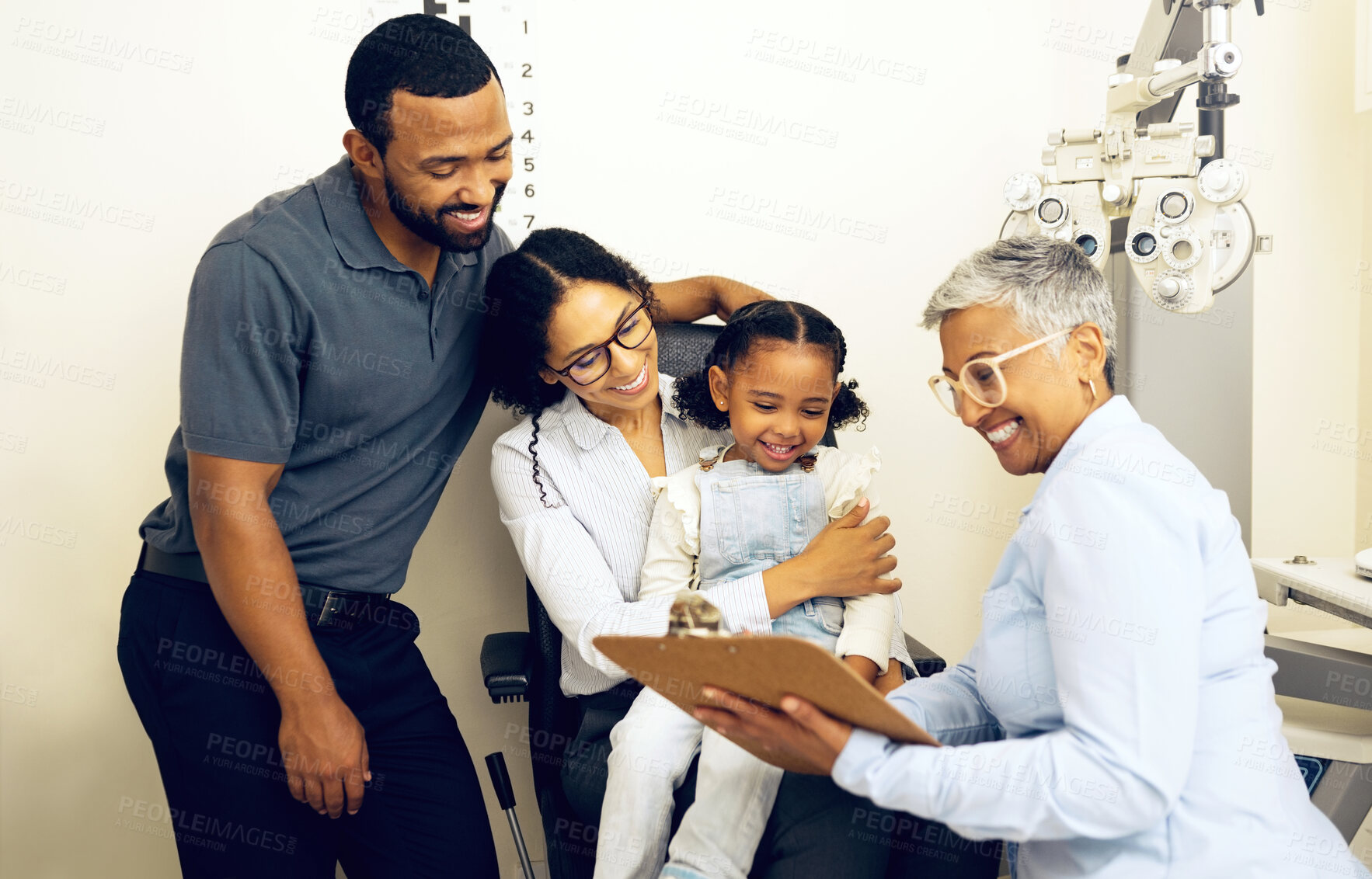 Buy stock photo Family, optometry and eye care with a woman doctor in a clinic to see a patient for vision assessment. Mother, father and daughter at the optometrist for an appointment to test eyesight for kids