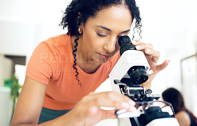 Buy stock photo Ophthalmology, woman on microscope and glasses for calibration, exam and frame correction. Diopter instrument, spectacles and serious optometrist test lens for vision, health and inspection in clinic