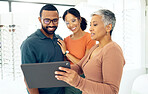 Tablet, optometry and woman with patients in a store for spectacle frame browsing on the internet. Consultation, digital technology and optometrist with people for choosing glasses in optical clinic.