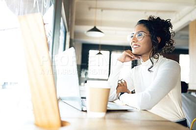 Buy stock photo Laptop, cafe and remote work with a digital marketing woman in a restaurant for research. Computer, small business and a young freelance employee in a coffee shop or restaurant as a startup worker