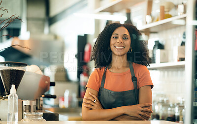 Buy stock photo Happy woman, cafe and portrait of small business owner with arms crossed in confidence at coffee shop. Female person, barista or waitress smile for leadership, management or retail service in store