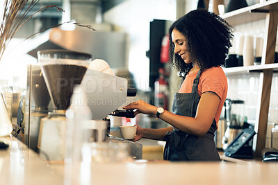 Buy stock photo Happy woman, barista and small business owner at cafe for service, coffee or beverage by counter at store. Female person, employee or waiter making espresso, cappuccino or latte at restaurant or shop