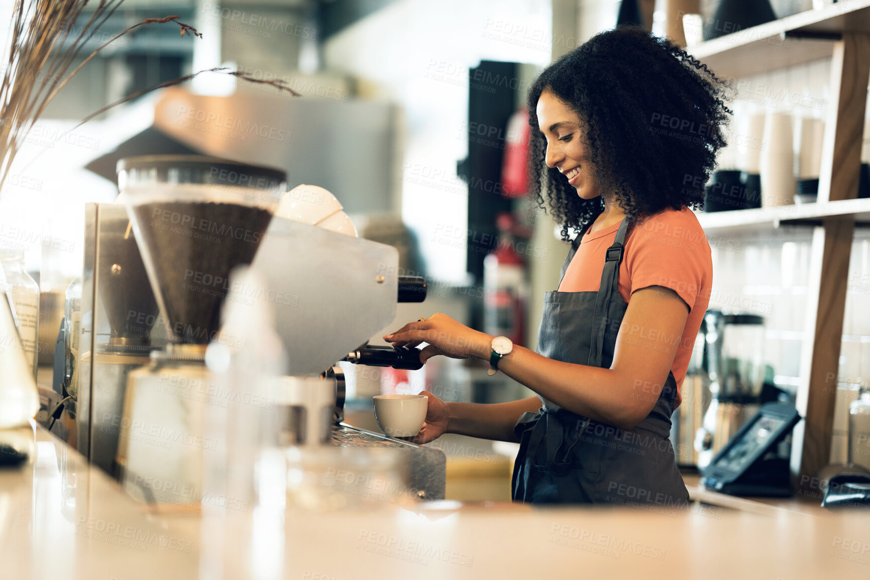 Buy stock photo Happy woman, barista and small business owner at cafe for service, coffee or beverage by counter at store. Female person, employee or waiter making espresso, cappuccino or latte at restaurant or shop