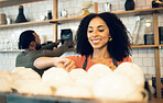 Happy woman, barista and coffee at cafe for drink, beverage or breakfast at retail store or shop. Female person, employee or waiter smile for tea, preparation or service on counter at restaurant