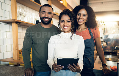 Buy stock photo Barista group, coffee shop and portrait with smile, tablet and together at small business, startup and partnership. Man, women and digital touchscreen in restaurant, cafe and happy with teamwork