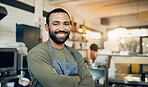 Happy man, portrait and small business owner with arms crossed in kitchen for hospitality service, cooking or food. Face of male person, employee or waiter smile in confidence of professional chef