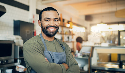 Buy stock photo Happy man, portrait and small business owner with arms crossed in kitchen for hospitality service, cooking or food. Face of male person, employee or waiter smile in confidence of professional chef