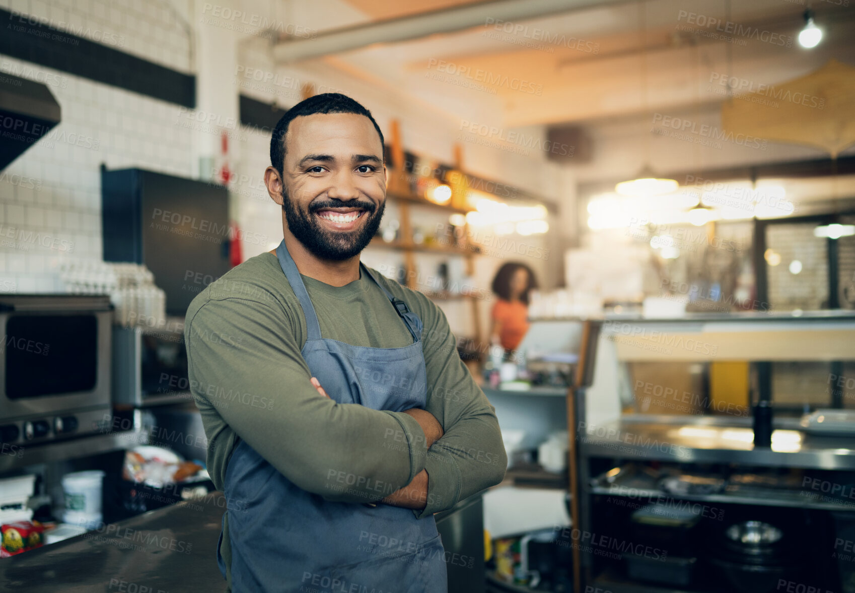 Buy stock photo Happy man, portrait and small business owner in kitchen at restaurant for hospitality service, cooking or food. Face of male person, employee or waiter smile in confidence for professional culinary