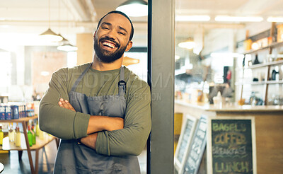 Buy stock photo Happy man, portrait and small business on door with arms crossed, confidence or retail management at cafe. Male person, barista or waiter smile by entrance of coffee shop, store or ready for service