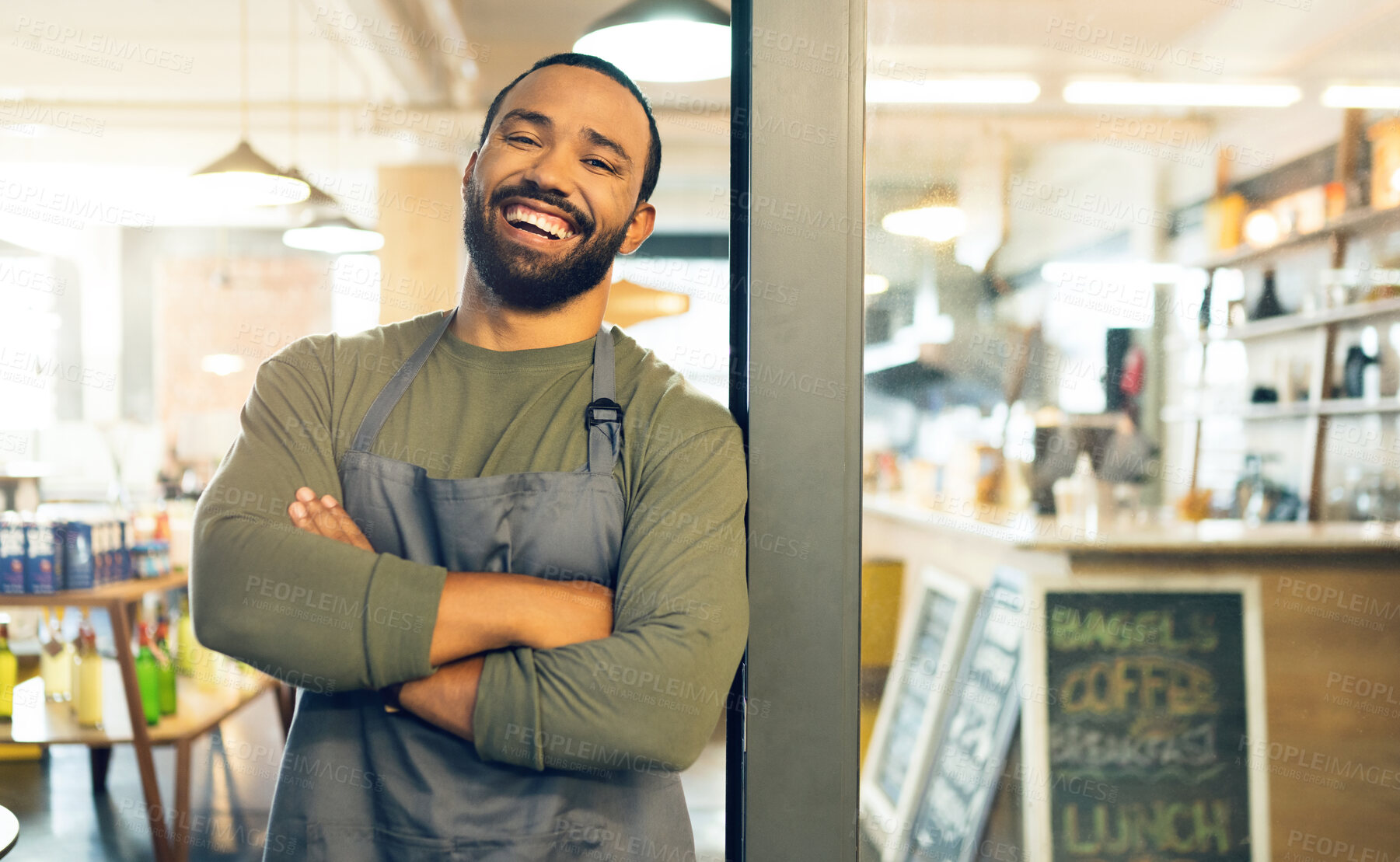 Buy stock photo Happy man, portrait and small business on door with arms crossed, confidence or retail management at cafe. Male person, barista or waiter smile by entrance of coffee shop, store or ready for service