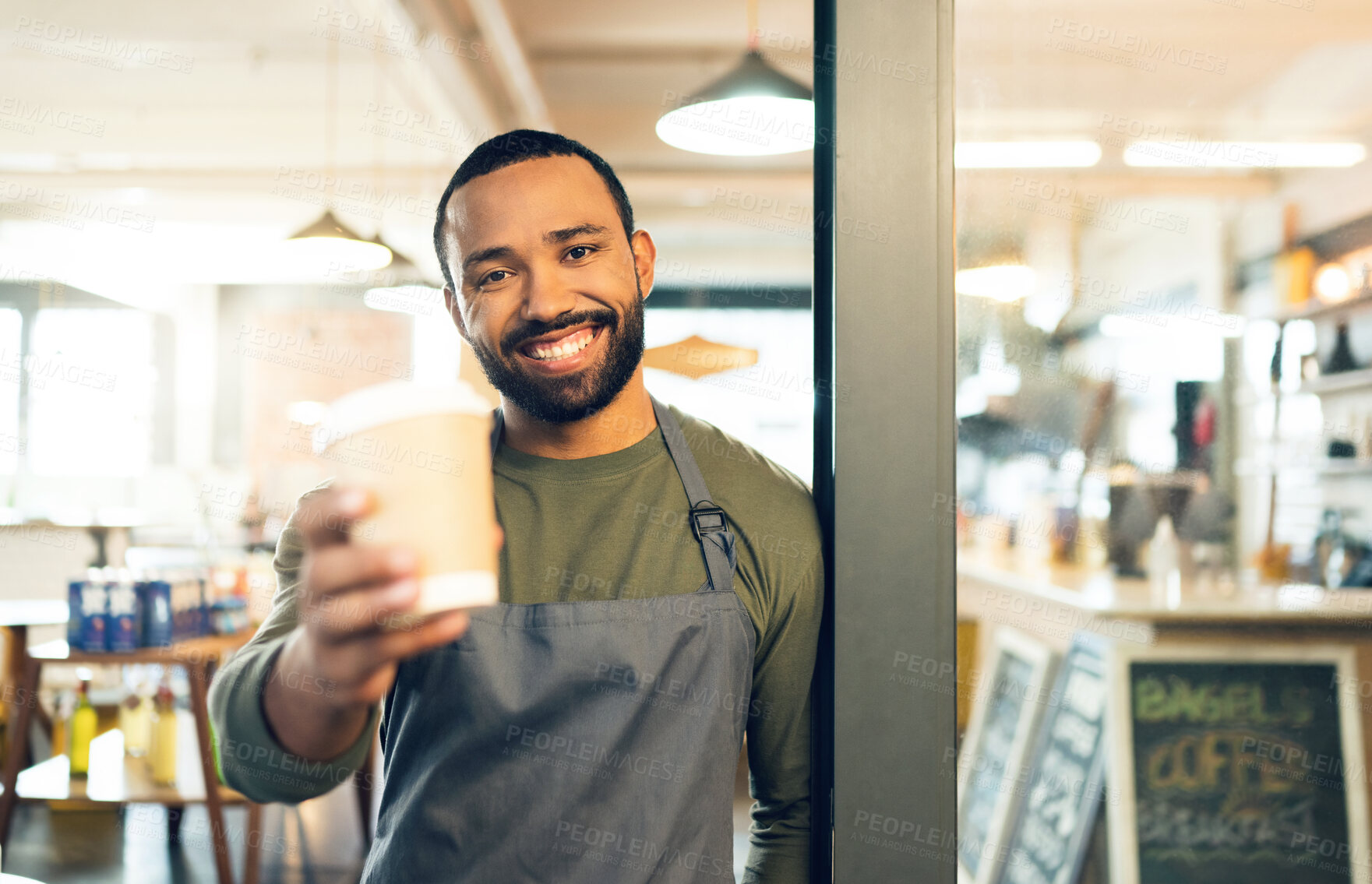 Buy stock photo Coffee cup, portrait and man in cafe offer drink, warm beverage and catering for hospitality services. Happy restaurant manager, barista and waiter giving take away latte, hot cappuccino and espresso