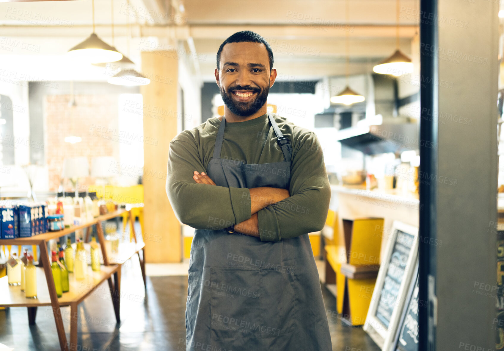 Buy stock photo Happy man, portrait and small business owner of cafe with arms crossed in confidence or retail management. Male person, barista or waiter smile by entrance of coffee shop, store or ready for service