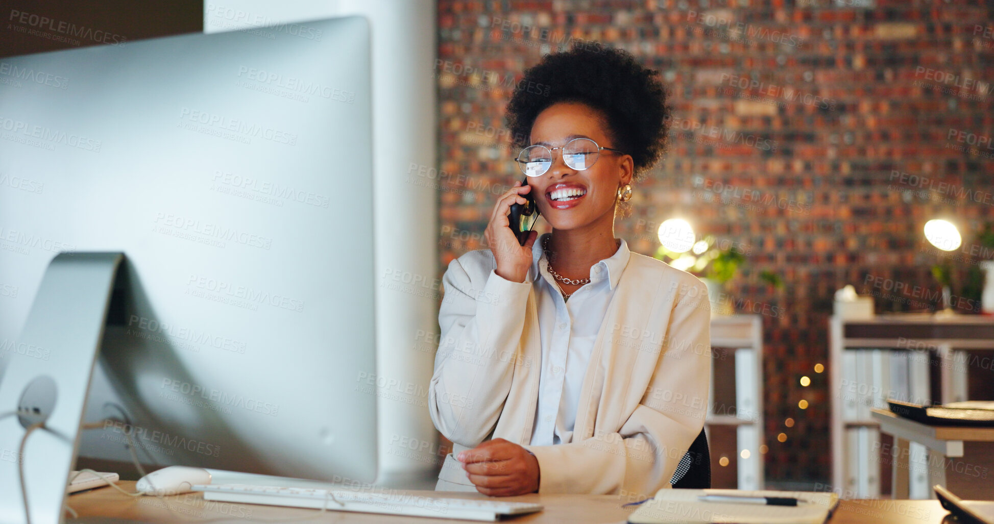 Buy stock photo Phone call, computer and business woman at night working on project, research and website in dark office. Corporate, planning and person talking for contact, communication and discussion at desk