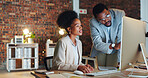 Business people, collaboration and work on project on computer in corporate office. Team, report and agenda or strategy, discussion and teamwork in workplace, documents and planning for proposal