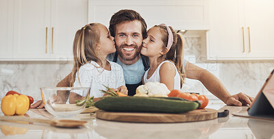 Buy stock photo Portrait, family and kiss on the cheek from kids with their father in the kitchen of a home for cooking together. Face, smile and girl children with their happy parent in the house to make a meal