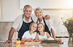 Happy family, portrait and grandparents with grandkids cooking in a kitchen with vegetables. Food, learning and face of kids with old people with love, fun or preparing healthy, nutrition or meal 