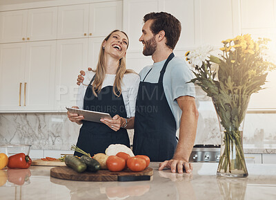 Buy stock photo Cooking, laughing or happy couple with tablet or food for a healthy vegan diet together at home. Smile, vegetables or funny woman in kitchen with love or man learning a dinner recipe on online blog