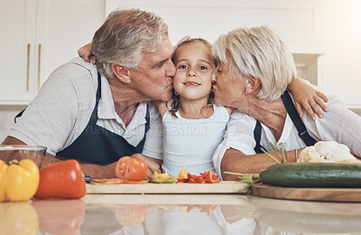 Buy stock photo Family, cooking and grandparents kiss girl child in kitchen with love, care and support at home. Food, learning and face of kid with elderly people together with vegetables, nutrition or prepare meal