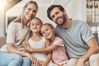 Buy stock photo Home, portrait and family with children, hug and happiness with fun, girls and support on a weekend break. Kids, mother and father with support, embrace and relax with a smile or cheerful in a lounge