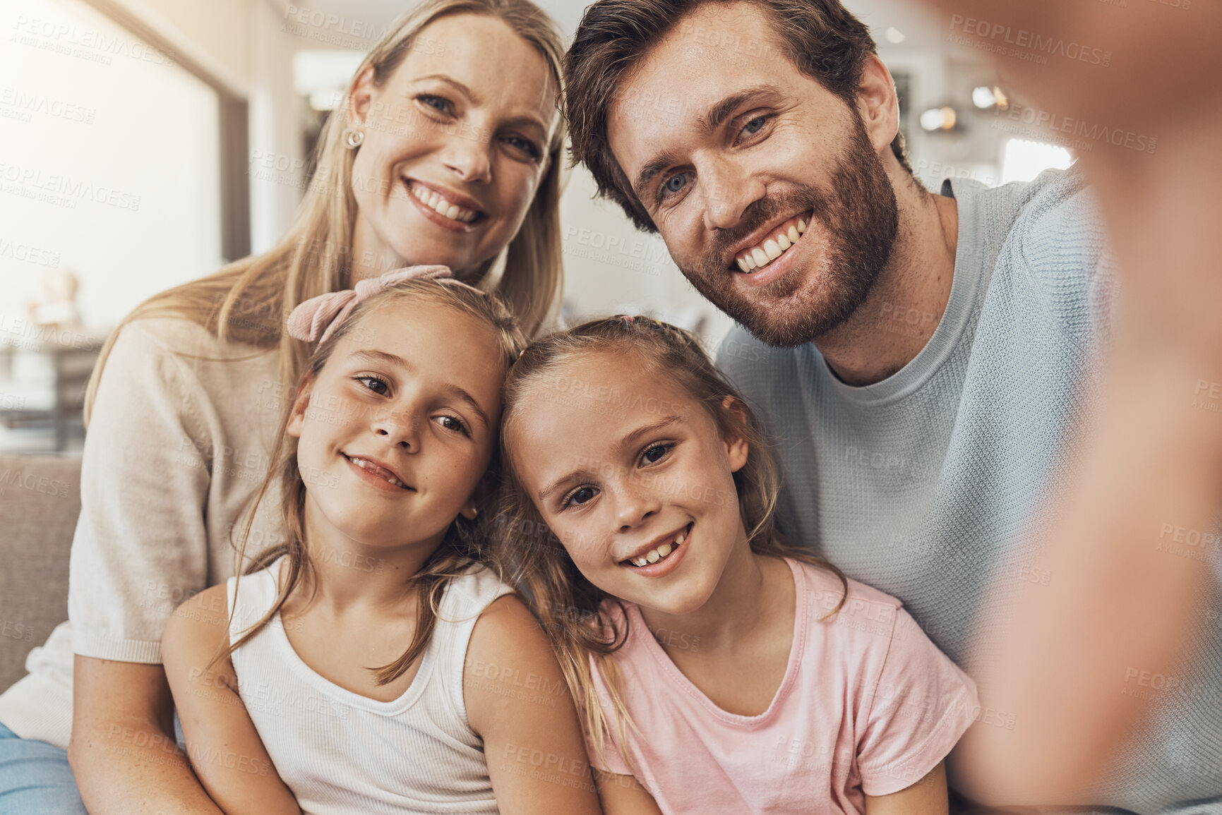 Buy stock photo Happy family, portrait and selfie for photography, memory or social media together in relax at home. Mother, father and children smile in photograph, picture or fun moment on holiday weekend at house