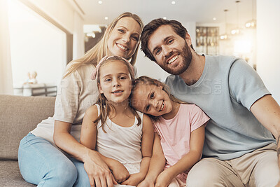 Buy stock photo Home, portrait and mother with father, kids and happiness with support, bonding together and cheerful. Face, family and children with parents, care and love with a smile, cheerful and joy in a lounge