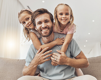 Buy stock photo Portrait, hug and girl kids with father on a sofa with love, bond and fun at home together. Happy family, face and children embrace parent in a living room with care, trust and support in a house